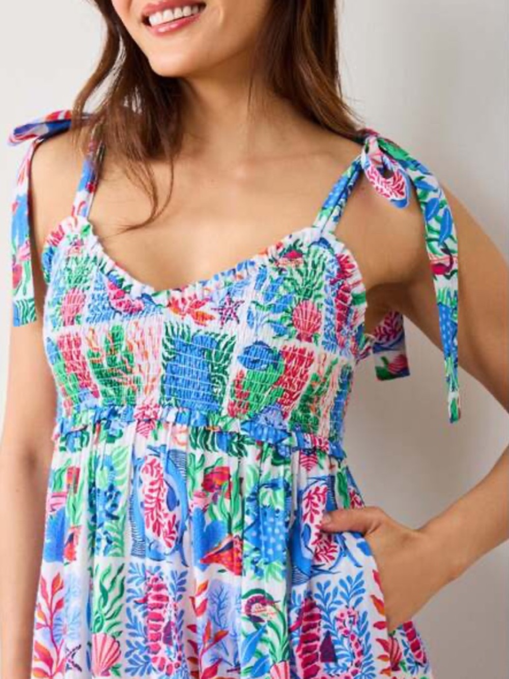 Printfresh cotton sea siren maxi dress smocked bodice tiered skirt beach NWT LG - Picture 2 of 7